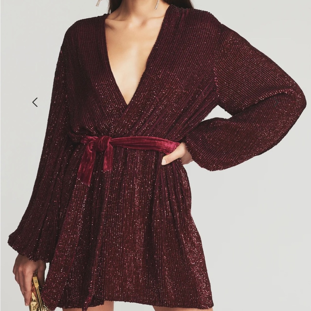 Retrofete Gabrielle Deep Burgundy Velvet-Trim Long Sleeve Mini Dress